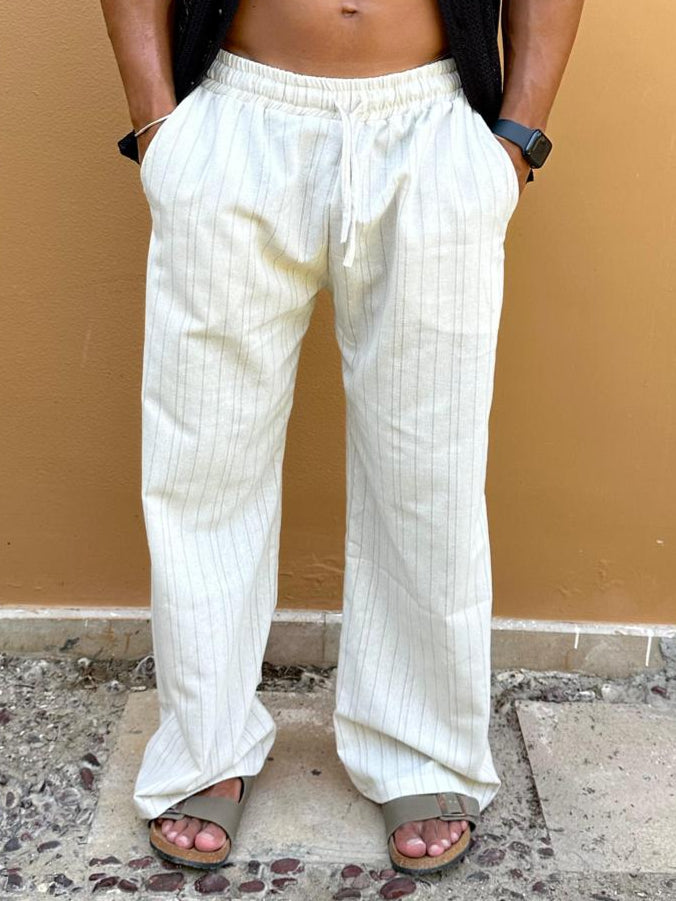 Beige Stripes Linen Pants