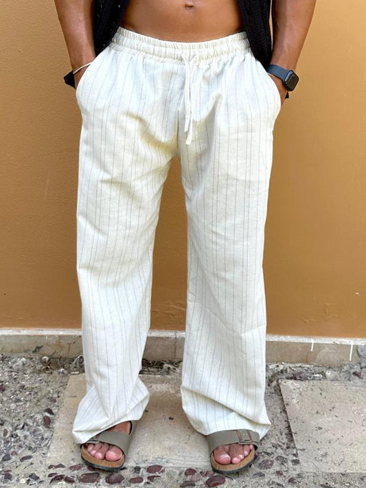 Beige Stripes Linen Pants